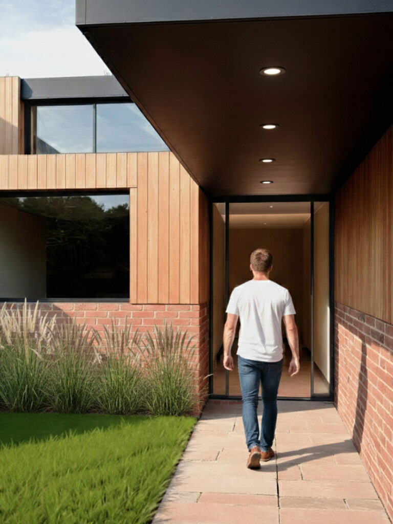 OSPIN Design and Build a man walking up to a modern front entrance of a contemporary home