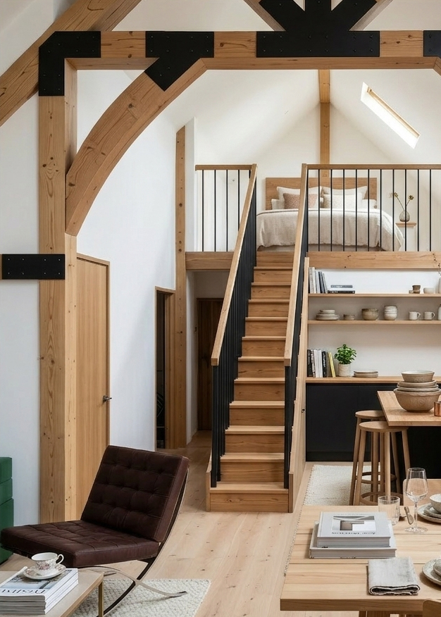 OSPIN Design and Build - Oak framed modern interior with timber and iron staircase