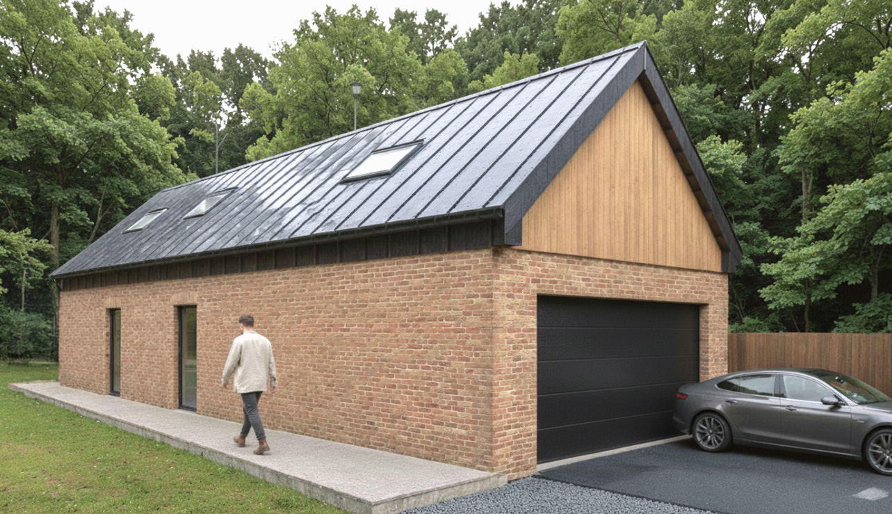 The design keeps a simple barn-like form with a restrained palette of materials including brick, timber cladding and dark zinc roofing.