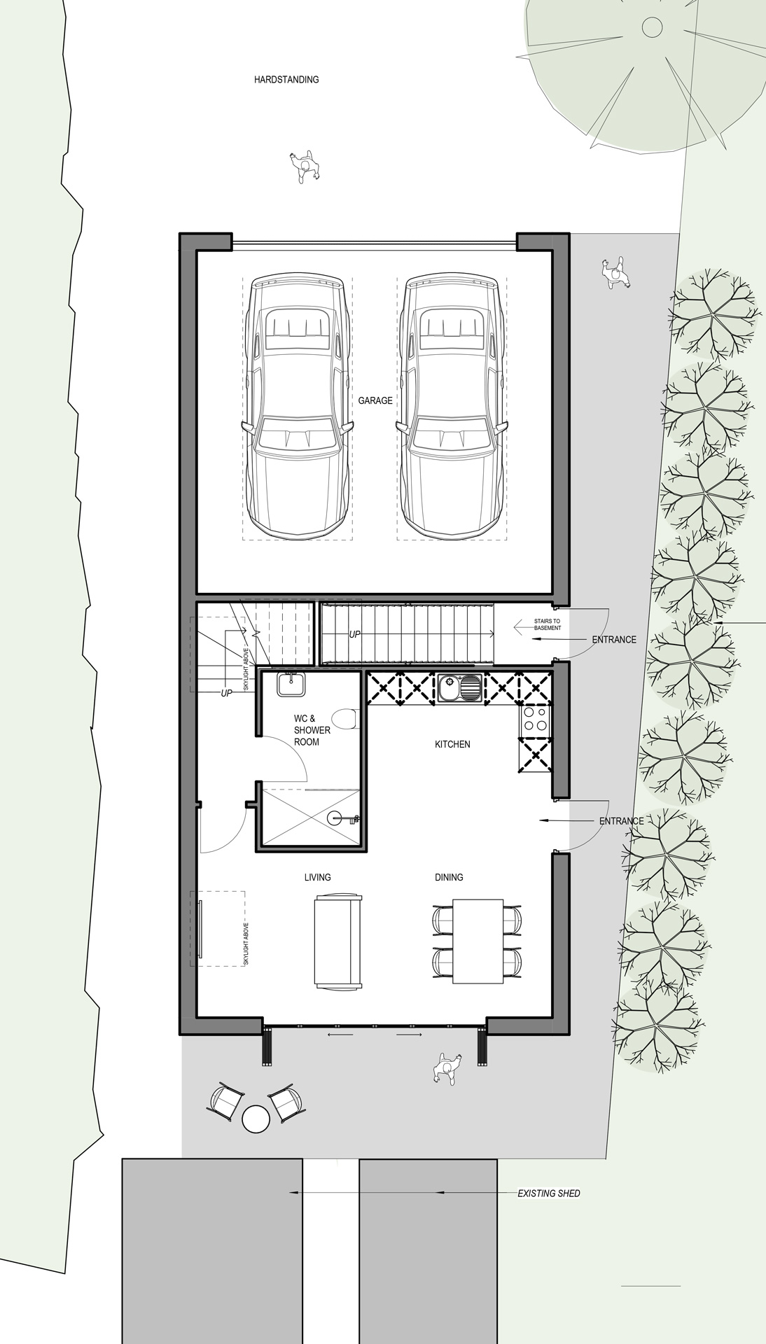 Positioned close to the swimming pool and screened by planting, the structure remains secondary to the main house while adding practical space for everyday use.