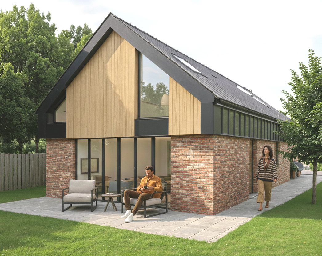 The design keeps a simple barn-like form with a restrained palette of materials including brick, timber cladding and dark zinc roofing. These materials allow the building to blend naturally with the surrounding trees and gardens while introducing a contemporary character that complements the existing property.