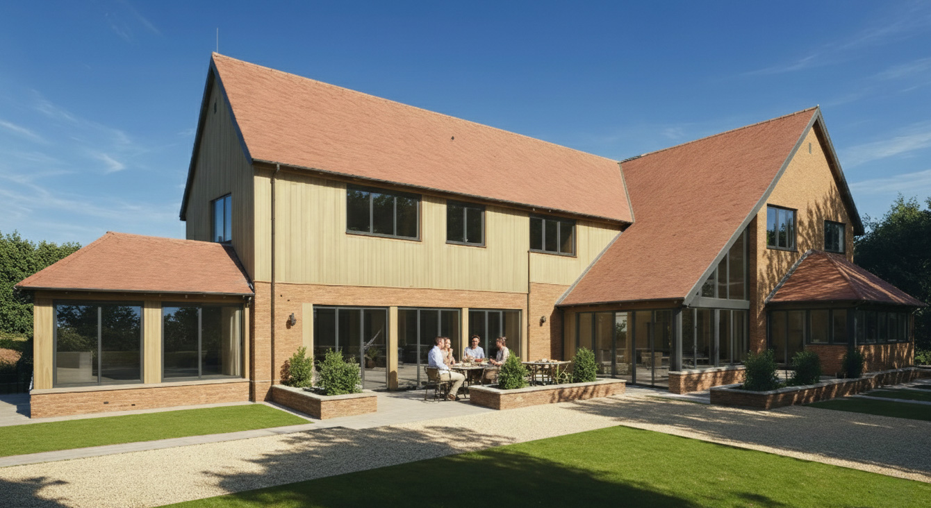 Oak cladding, local brick and clay roof tiles give the houses a warmth that reflects the rural character of Matfield while introducing a confident contemporary layer.