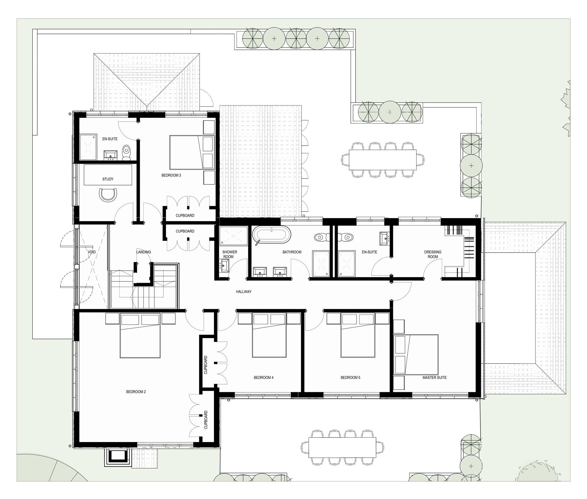 Each home is arranged to feel bright and welcoming, with generous living spaces and large openings that frame views towards the surrounding countryside.