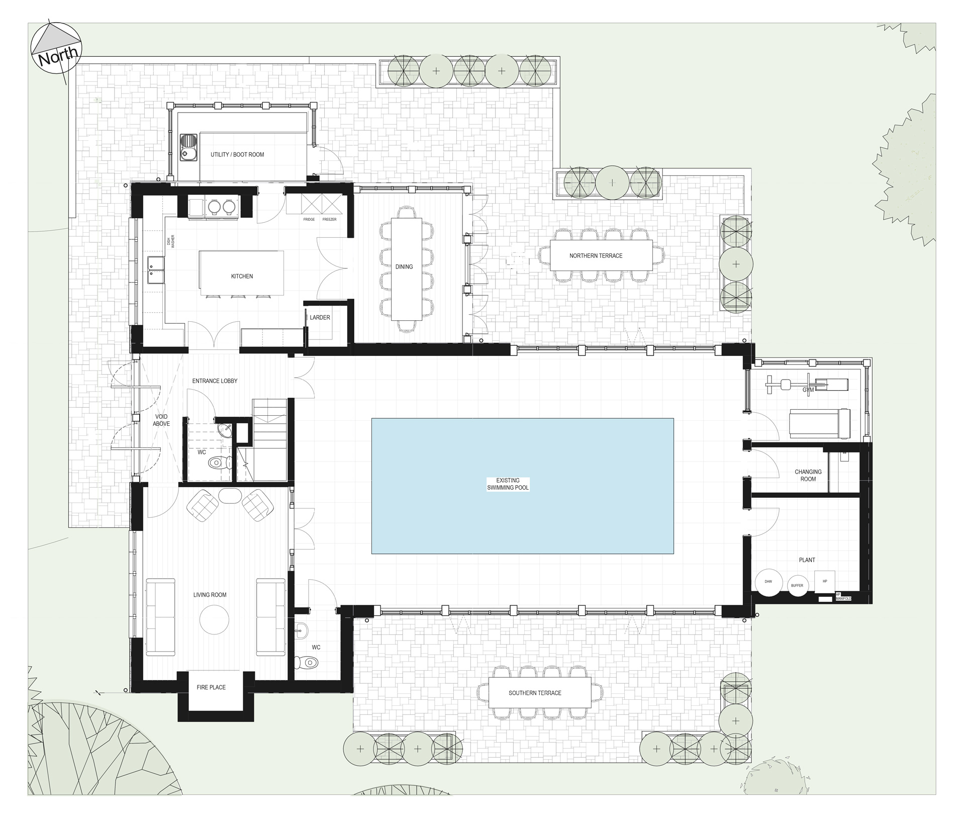 Each home is arranged to feel bright and welcoming, with generous living spaces and large openings that frame views towards the surrounding countryside.