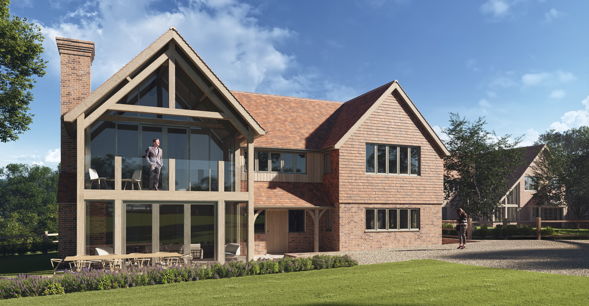 Oak cladding, local brick and clay roof tiles give the houses a warmth that reflects the rural character of Matfield while introducing a confident contemporary layer.