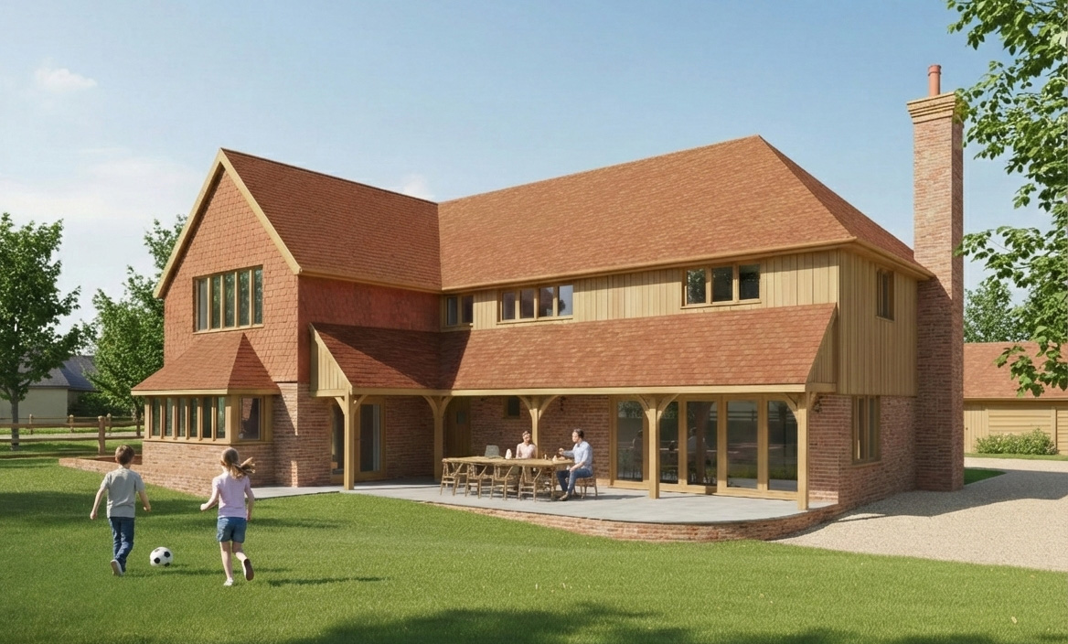 Each home is arranged to feel bright and welcoming, with generous living spaces and large openings that frame views towards the surrounding countryside.