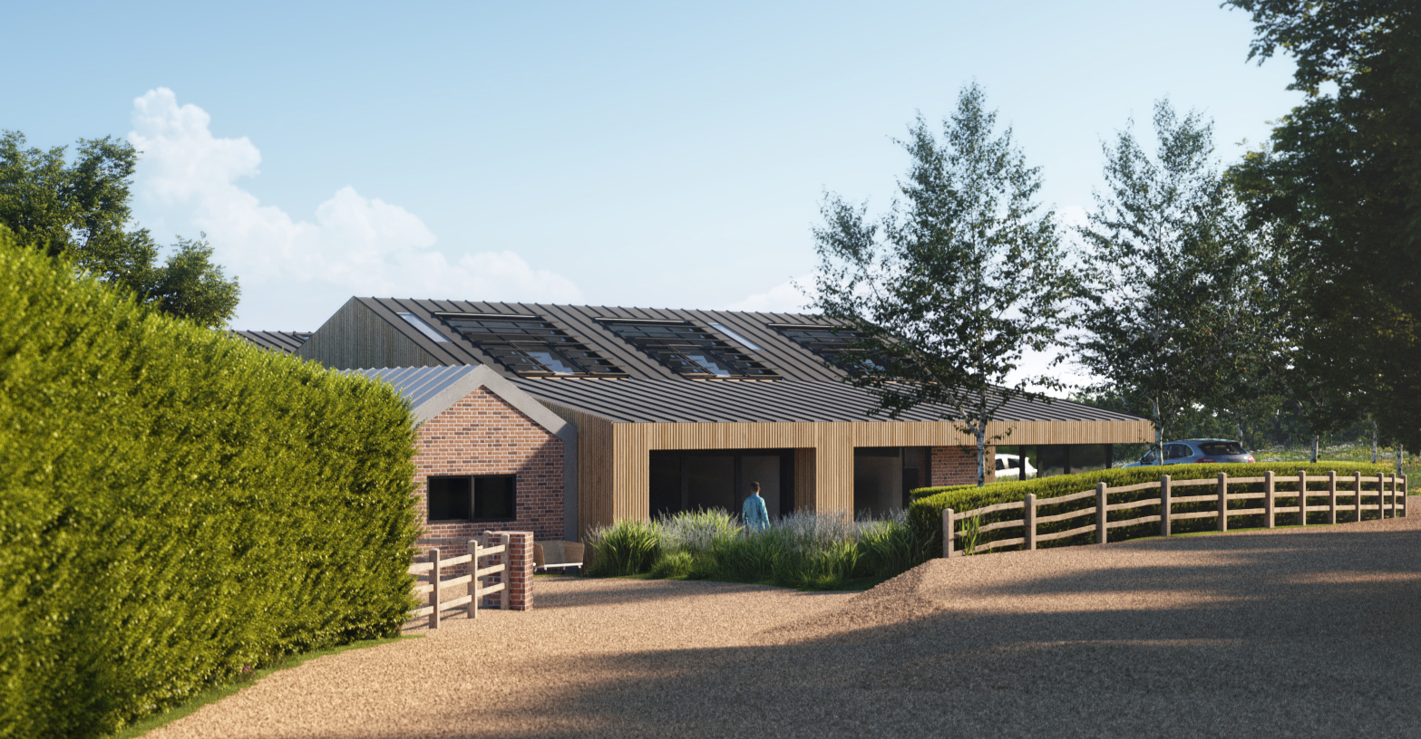 Externally, the buildings retain their simple agricultural form while introducing contemporary materials, glazing and carefully detailed openings to bring light into the interiors.