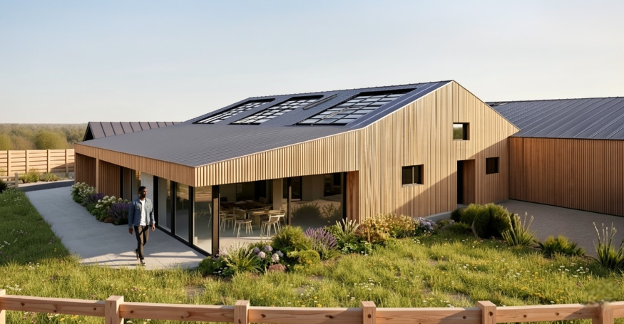 Externally, the buildings retain their simple agricultural form while introducing contemporary materials, glazing and carefully detailed openings to bring light into the interiors.