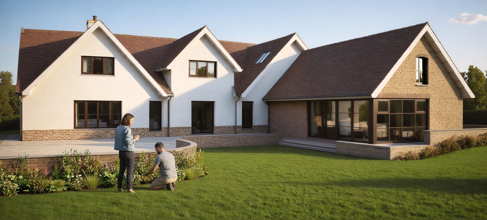 The redesigned garage echoes the architectural language of the main house, helping unify the wider site into a single considered composition.