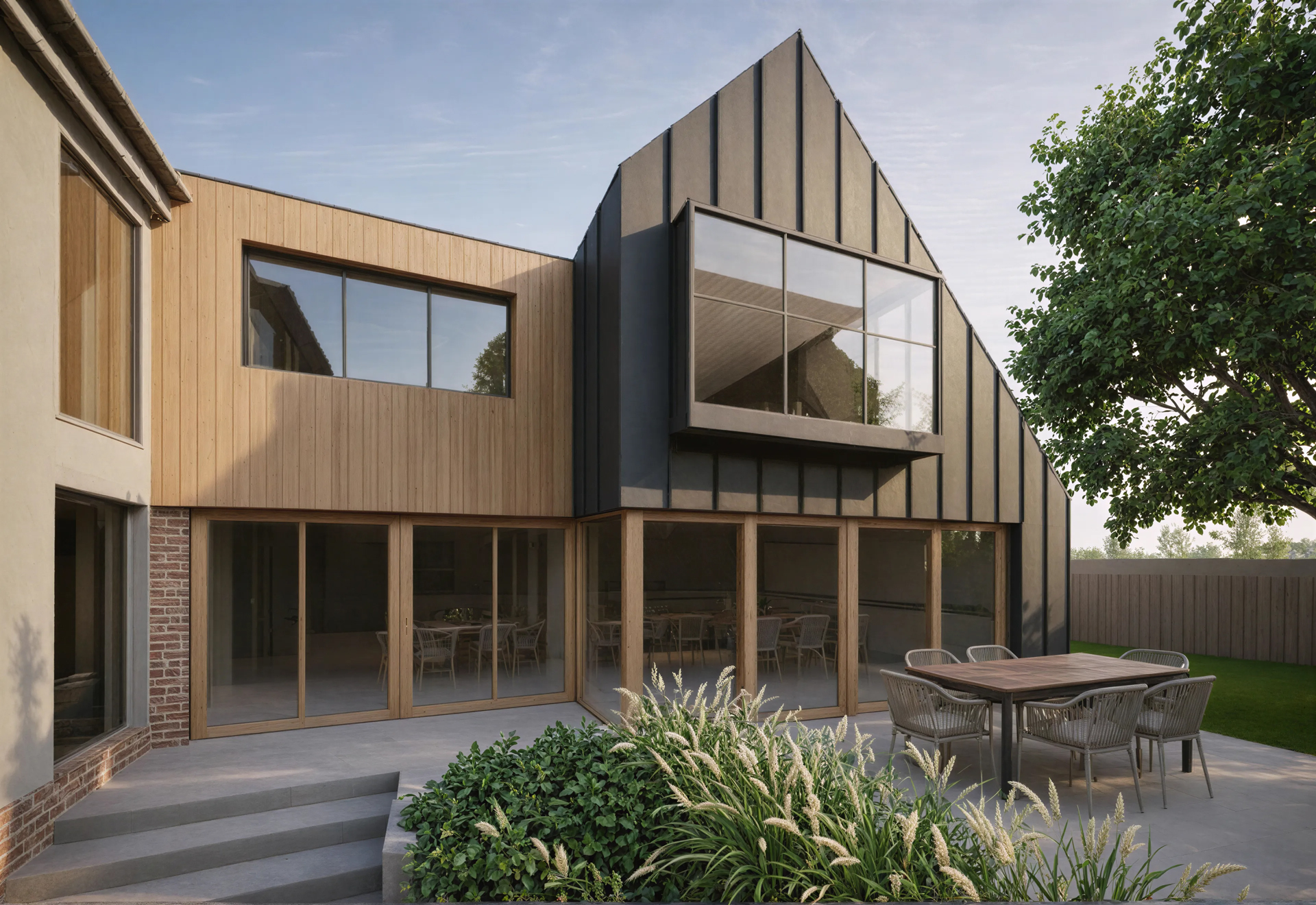 Externally, materials are chosen to sit comfortably alongside the original house. Clay tiles and render match the existing building, while zinc and natural timber bring a subtle contemporary touch.