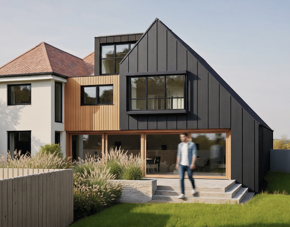 A new two-storey rear extension introduces a generous kitchen and dining space designed to make the most of the landscape beyond.