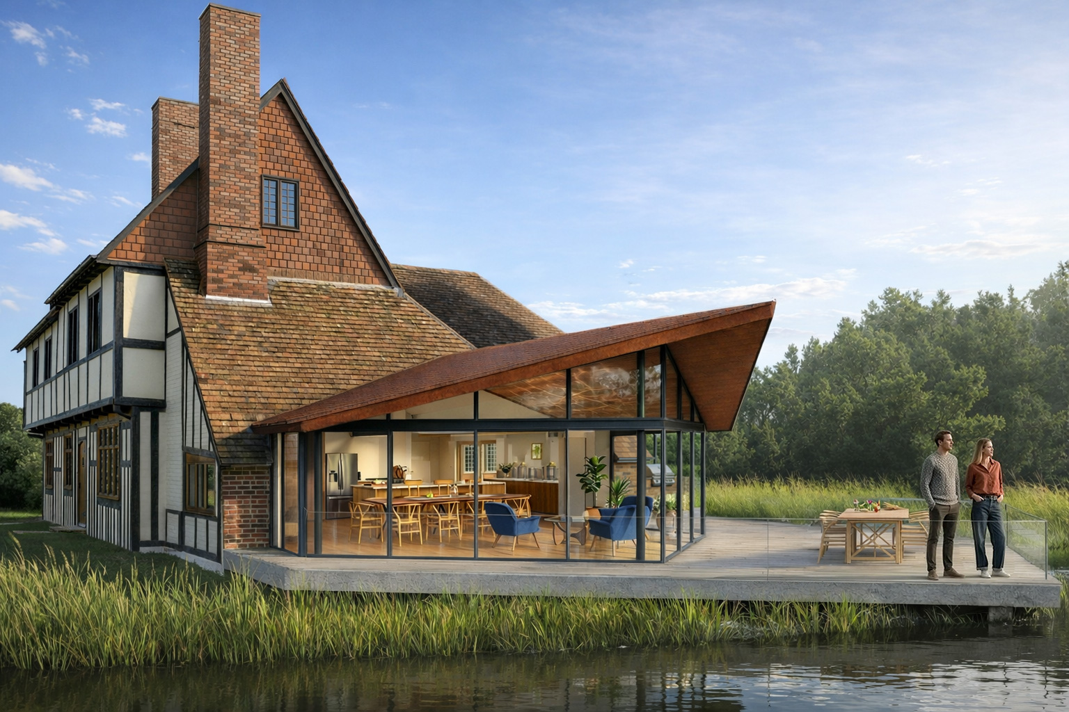 Our proposal replaces this later addition with a carefully designed single-storey extension that opens the home towards the water and countryside beyond.