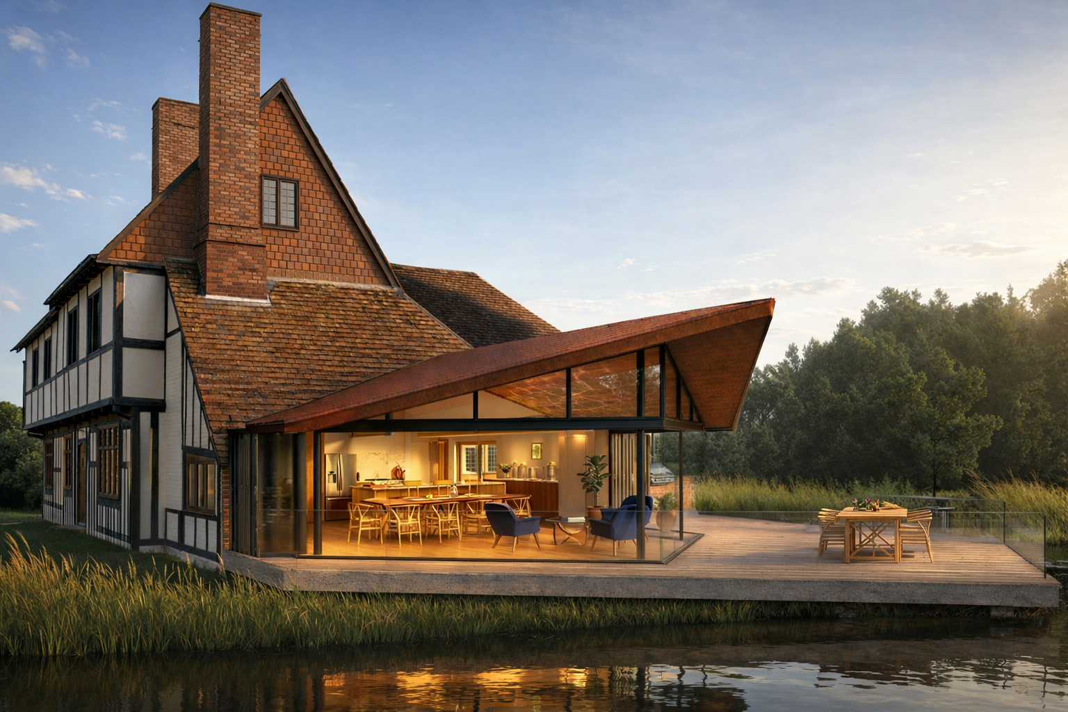 The new structure sits lightly alongside the historic building, using materials that complement the existing farmhouse while introducing a more contemporary character.