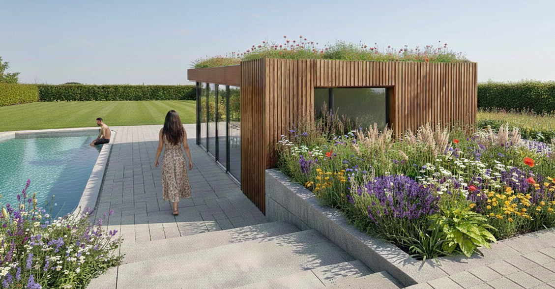 The design focuses on improving how the house and its landscape are used while preserving the character of the original Oast.
