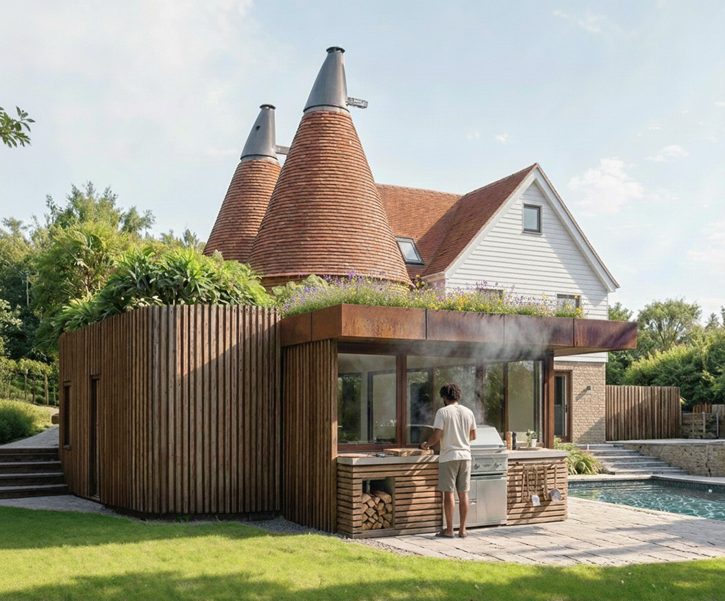 natural materials and a green roof helping the building settle gently into the garden setting.