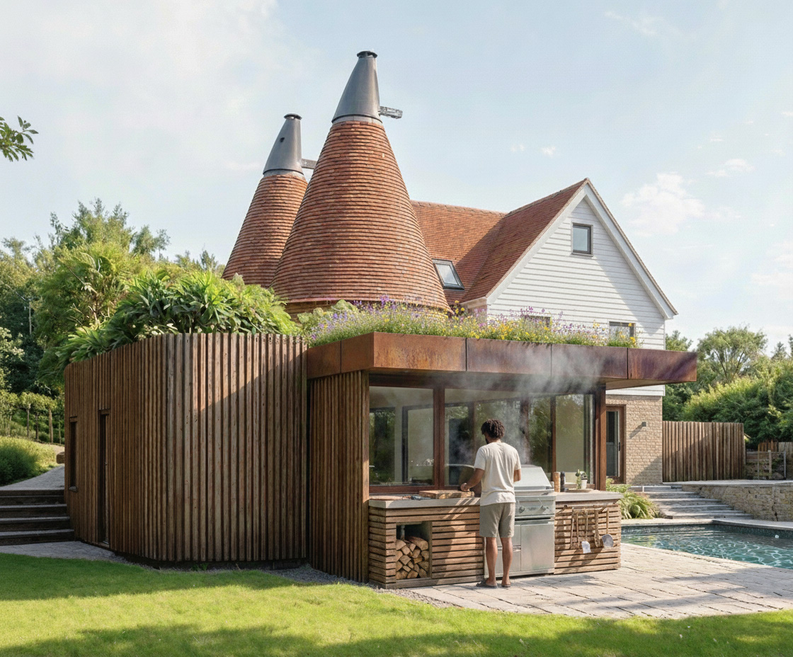 Hush Heath Oast is a traditional double Oast house and former agricultural building that has been converted into a family home, set within a small group of historic buildings once associated with the Hush Heath Estate.