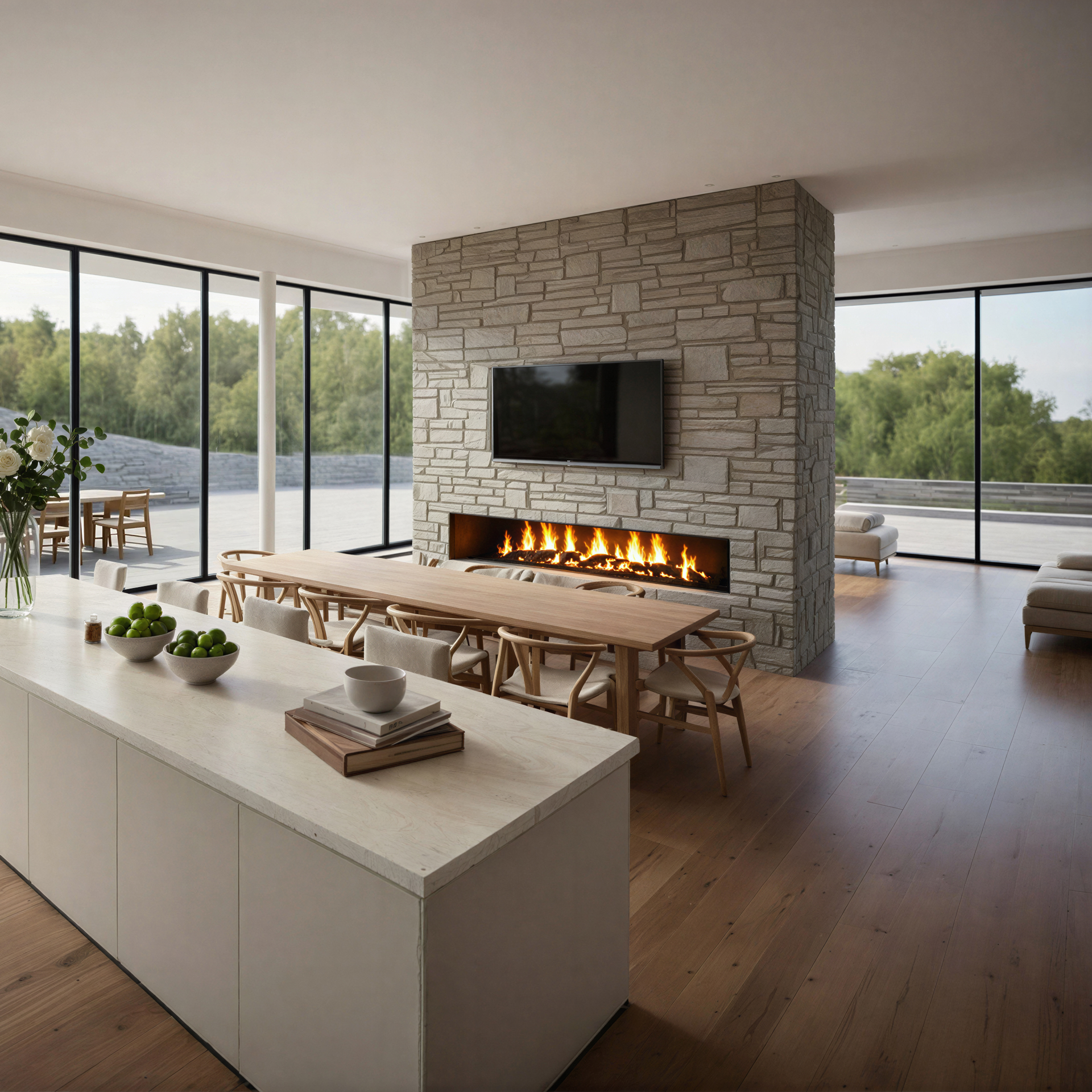 A contemporary interior showing open plan living kitchen and dining space