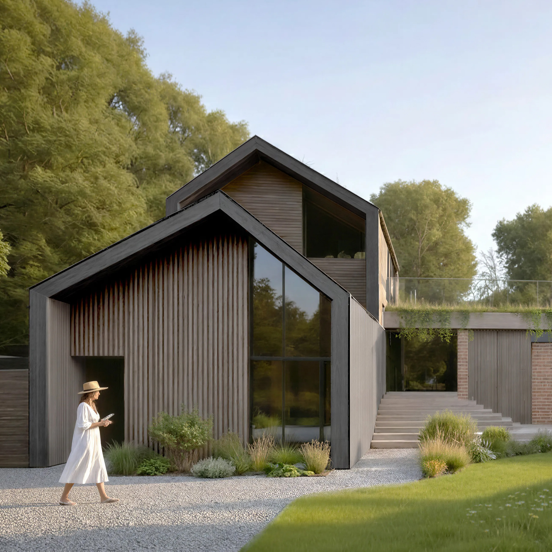Natural materials including weathered timber cladding, brick and zinc roofing give the house a calm and understated presence.