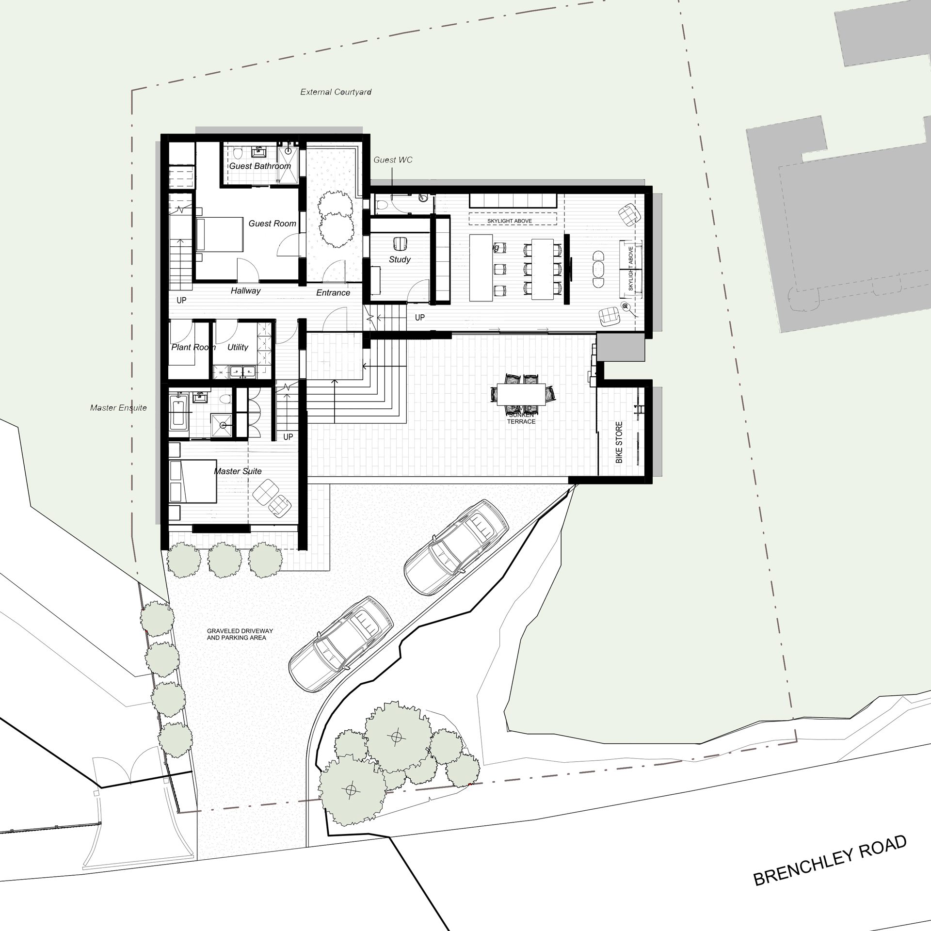 A sheltered sunken courtyard that brings daylight into the living spaces.