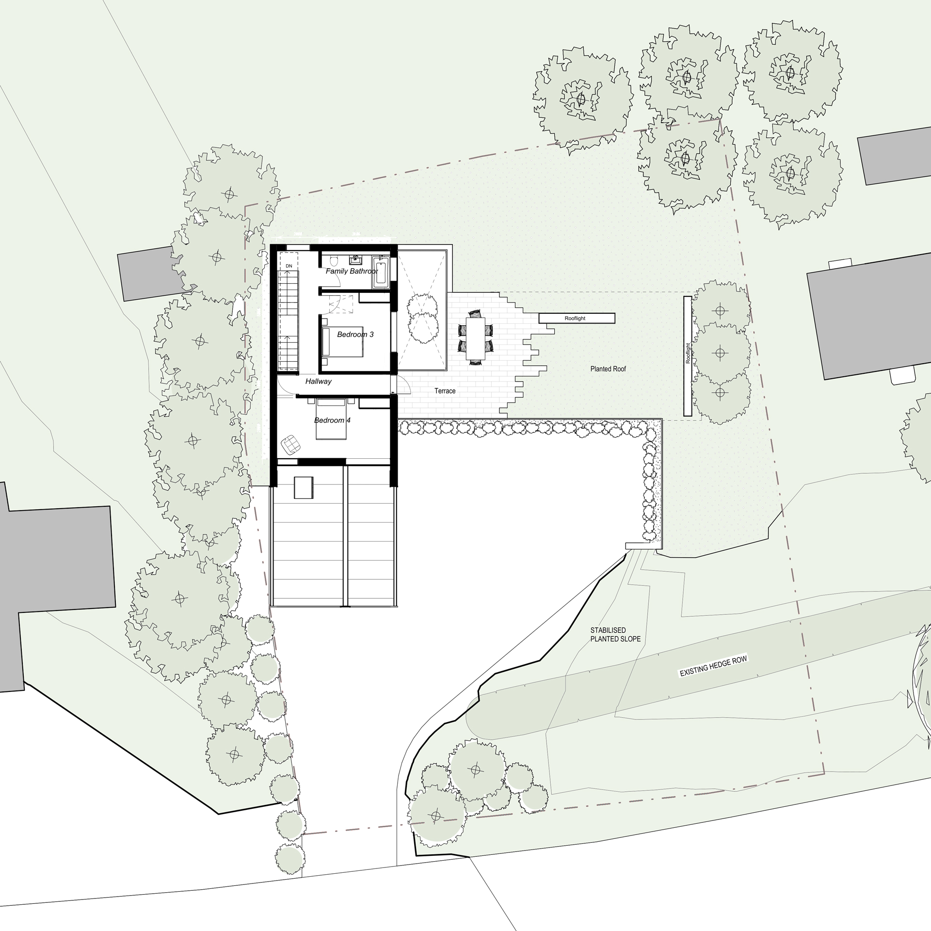 Much of the ground floor is carefully set into the landscape, creating a partially hidden home with a planted roof and a sheltered sunken courtyard that brings daylight into the living spaces.
