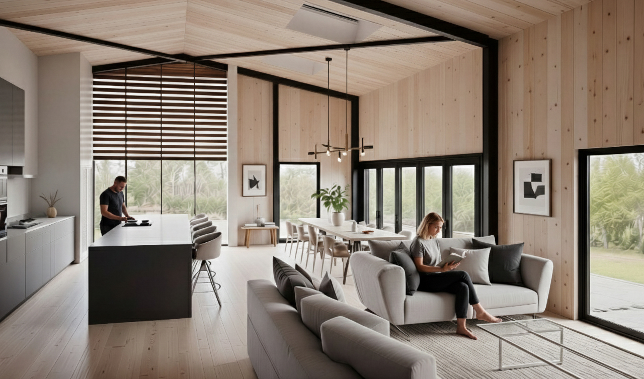 At the heart of the home, a vaulted kitchen, dining and living area celebrates the barn’s structure with exposed steel beams and large gable glazing that frames views across the surrounding countryside.