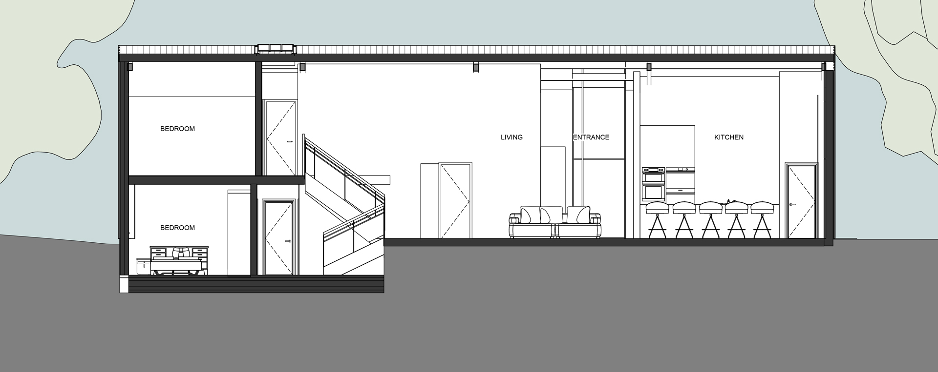 To create the space required for a growing family, part of the barn floor is lowered to introduce a split-level layout.
