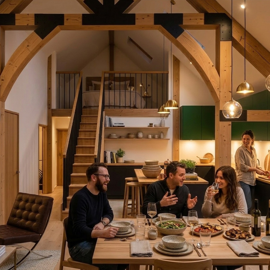 The proposal replaces an existing garage with a new annexe designed to provide flexible living space, including bedrooms, a kitchen and open plan living area