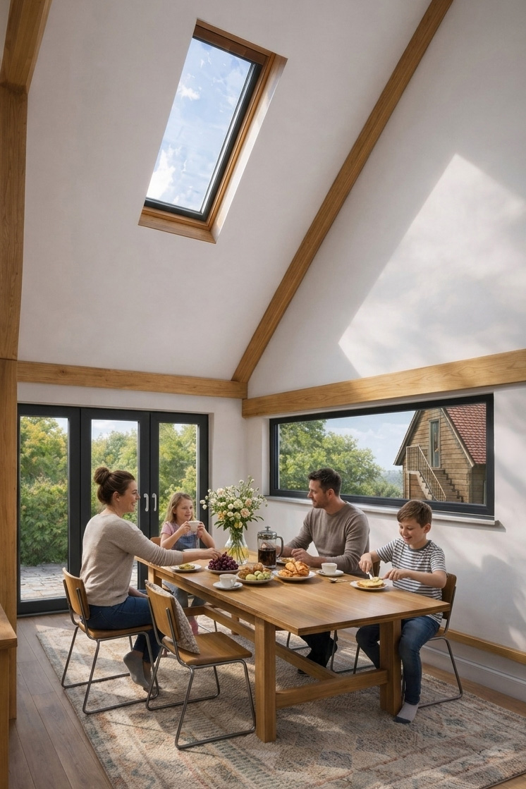 A mezzanine level introduces an additional bedroom while maintaining a sense of openness within the main living space.
