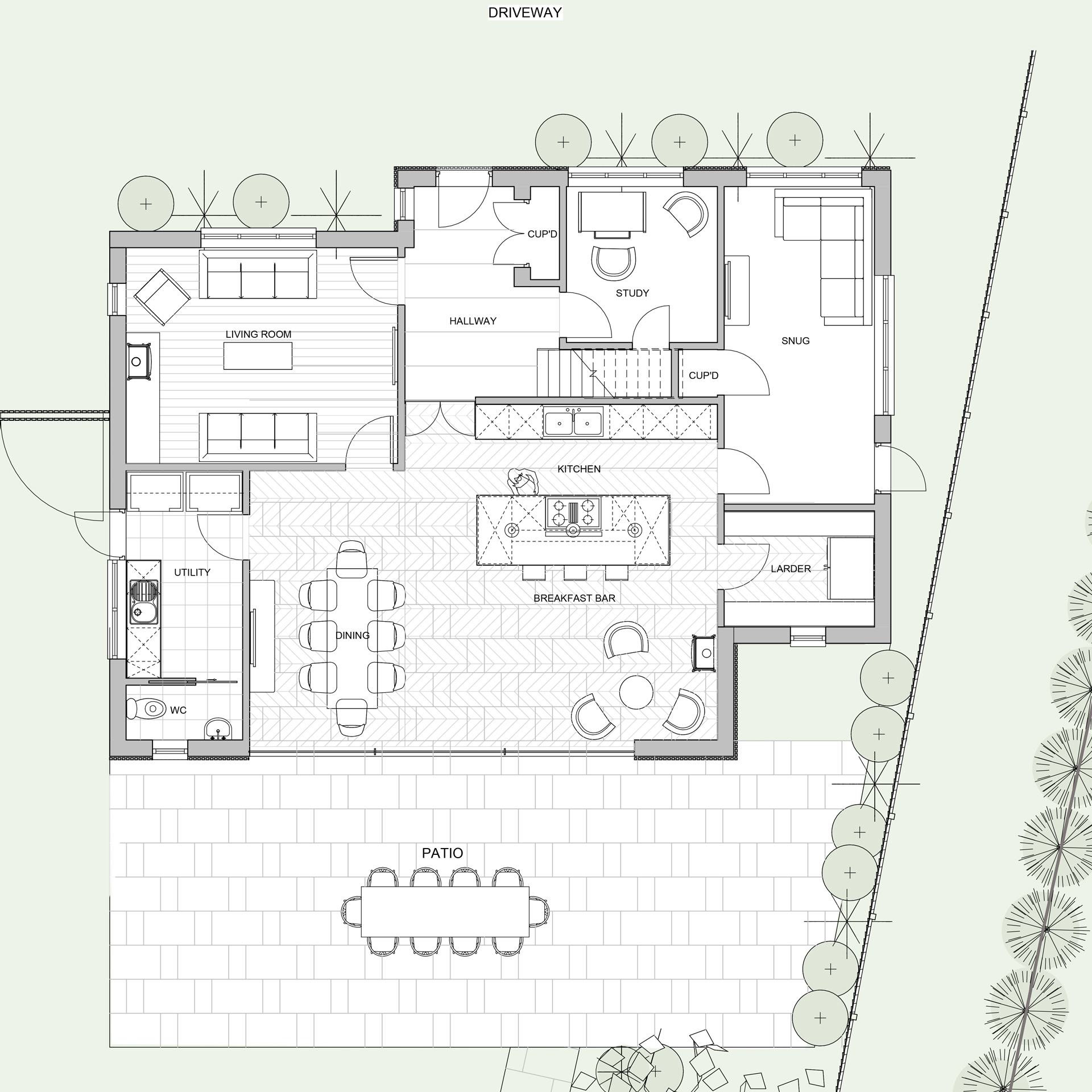 Internally, the layout is organised around an open kitchen, dining and living space designed for family life, supported by quieter secondary rooms and practical utility spaces