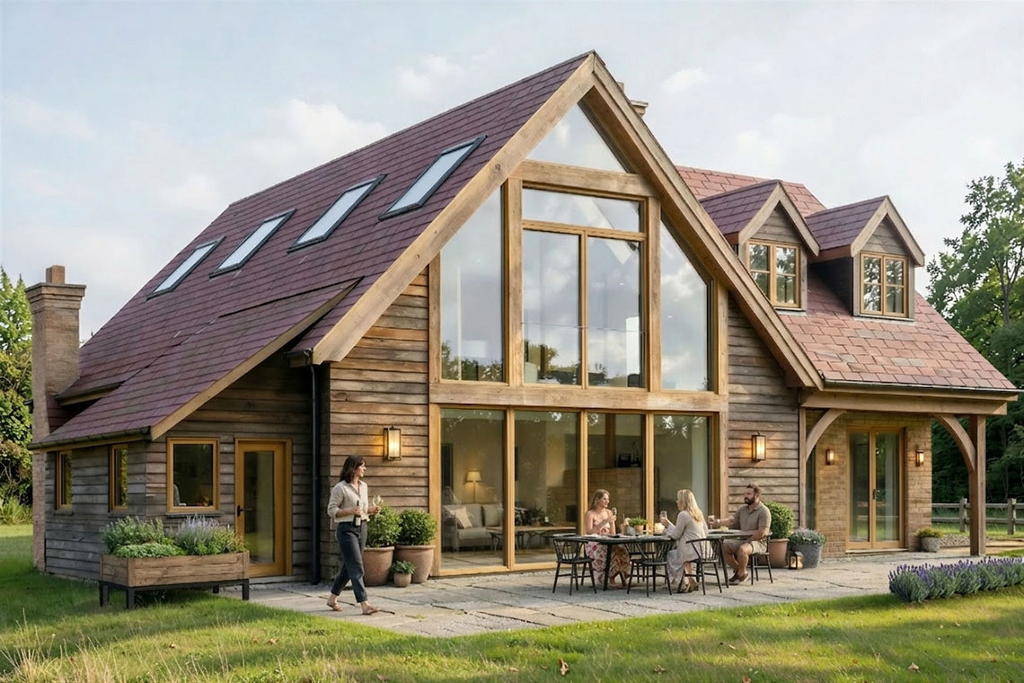 Large openings at the rear connect the main living spaces to the garden and countryside views beyond.