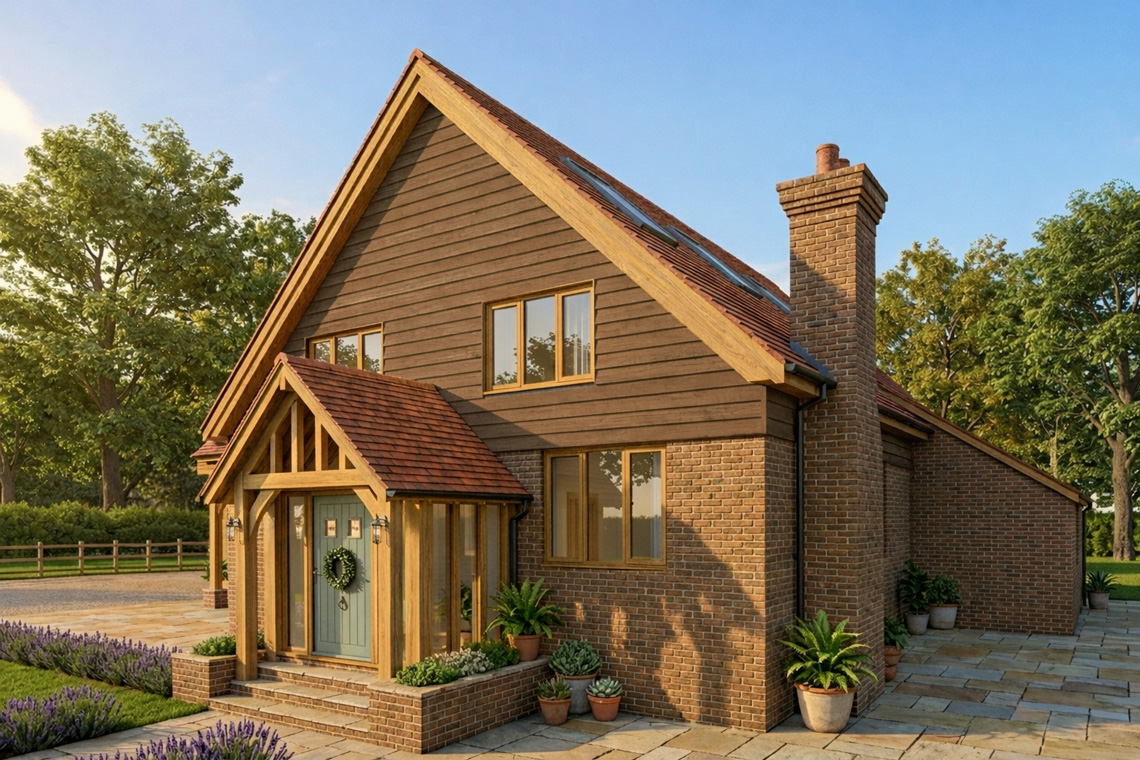This project replaces an existing three-bedroom bungalow with a new five-bedroom family home designed to make better use of the generous rural plot just outside Cranbrook.