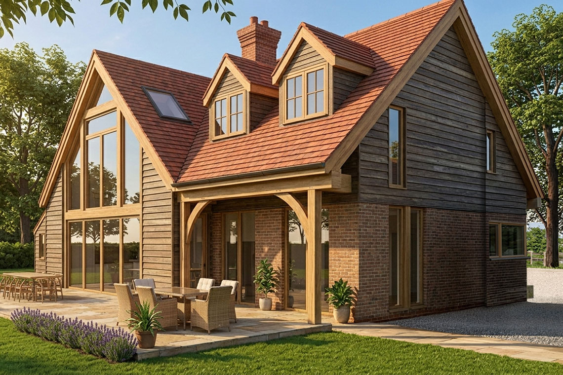 Large openings at the rear connect the main living spaces to the garden and countryside views beyond.