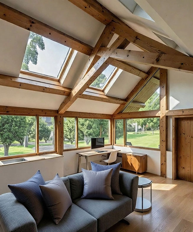 The interior includes a home office, lounge area, kitchenette and WC, allowing the building to function comfortably as both a workspace and occasional guest accommodation.