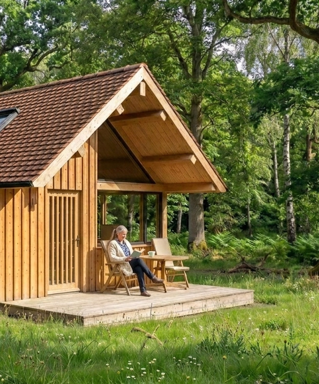 Tucked within woodland just outside the village, the project replaces a modest timber-framed garage that once sat at the edge of the garden