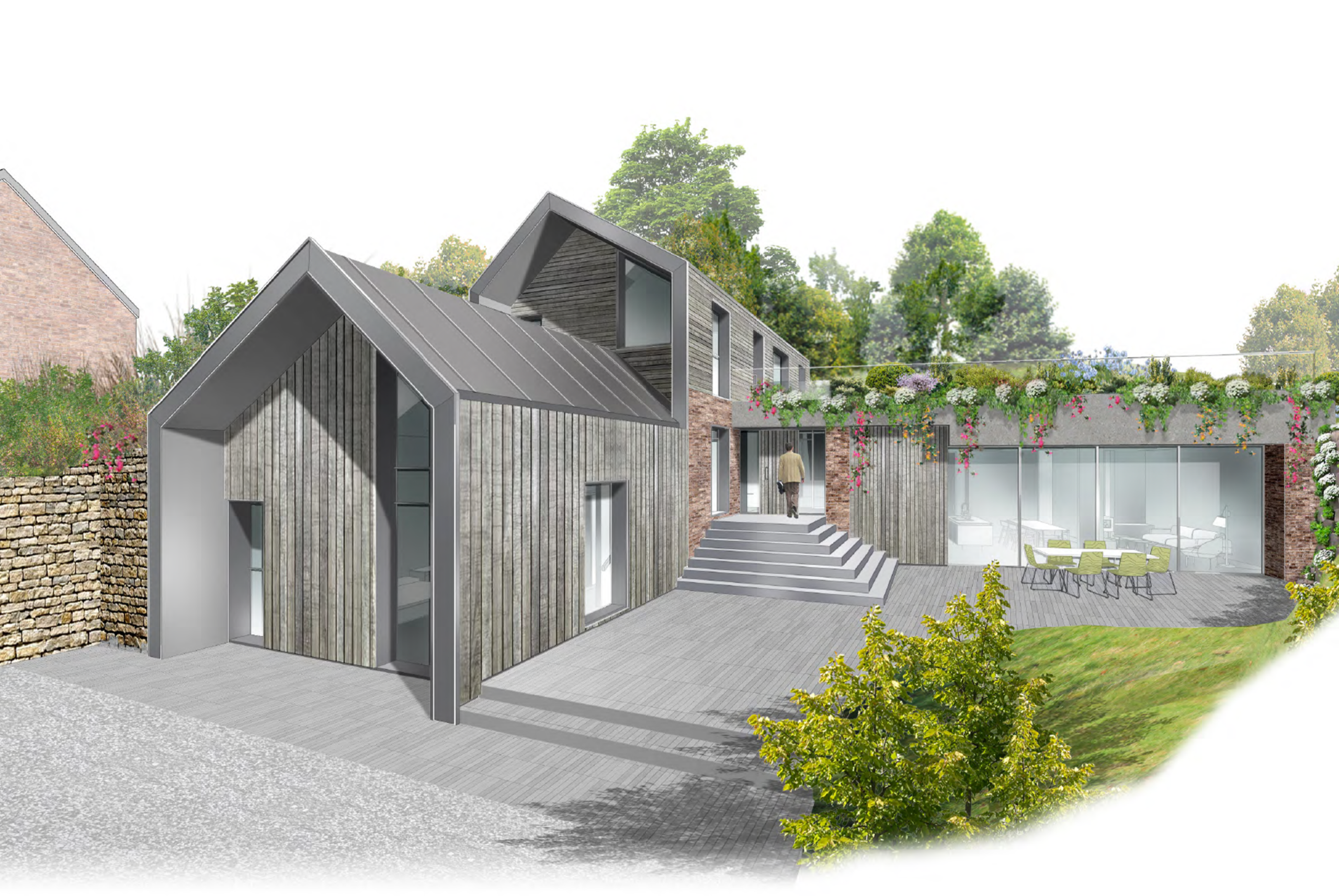 Architectural CGI showing the approved design for Parsonage House, a four-bedroom new-build home partially set below ground level with timber cladding, a standing seam roof and a central courtyard following planning approval.
