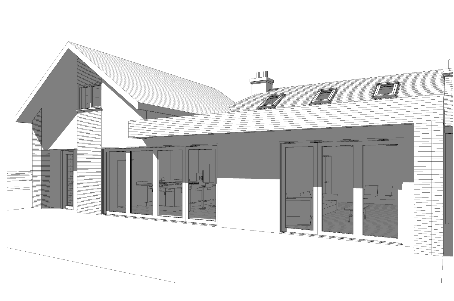 Surrey bungalow conversion and double-storey extension by OSPIN, transforming an existing home with modern architecture, open-plan living and a contemporary white timber-clad exterior.