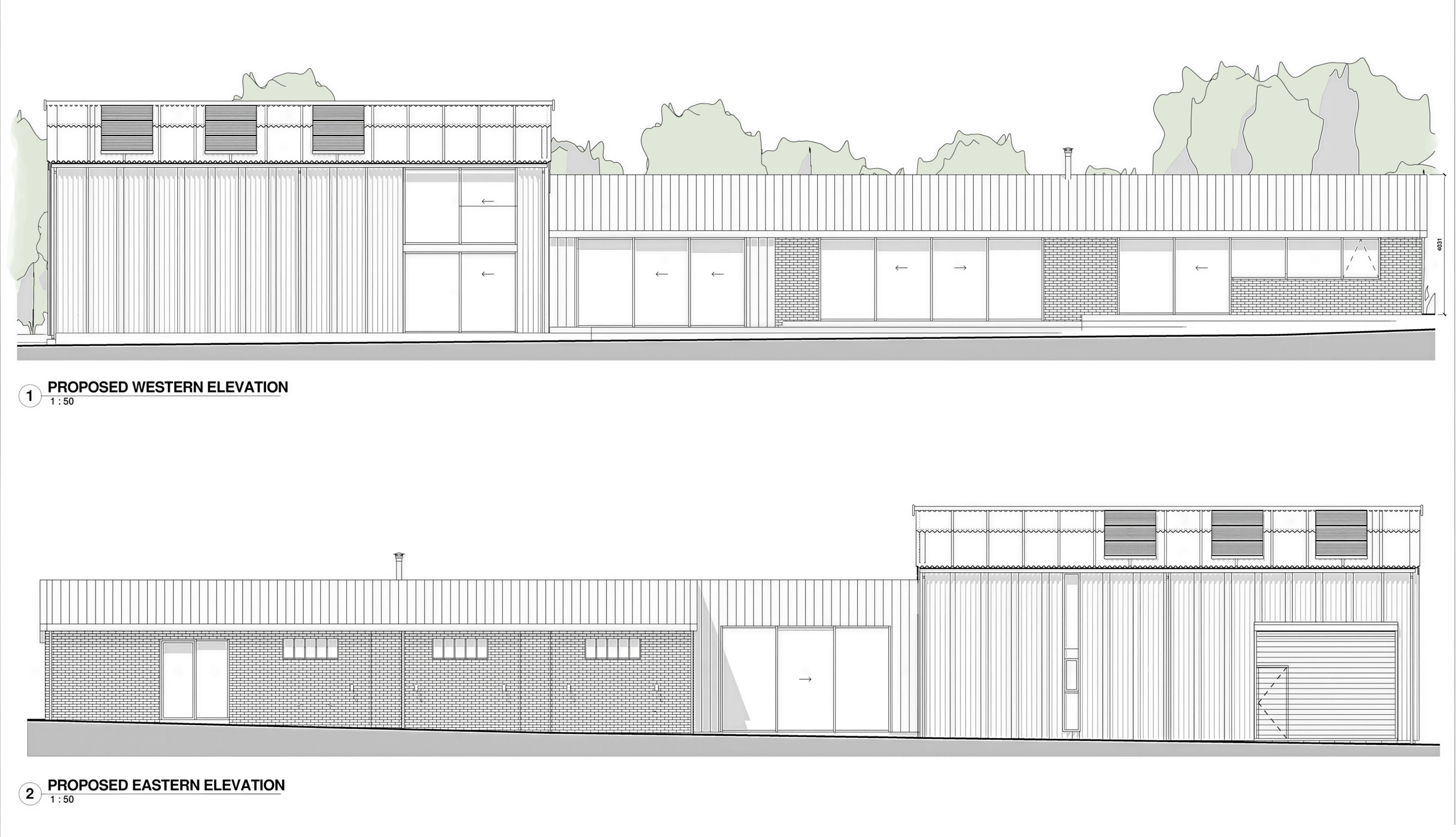 Proposed elevation drawing showing the renovation of two oak-framed barns as part of a sustainable residential conversion in Kent.