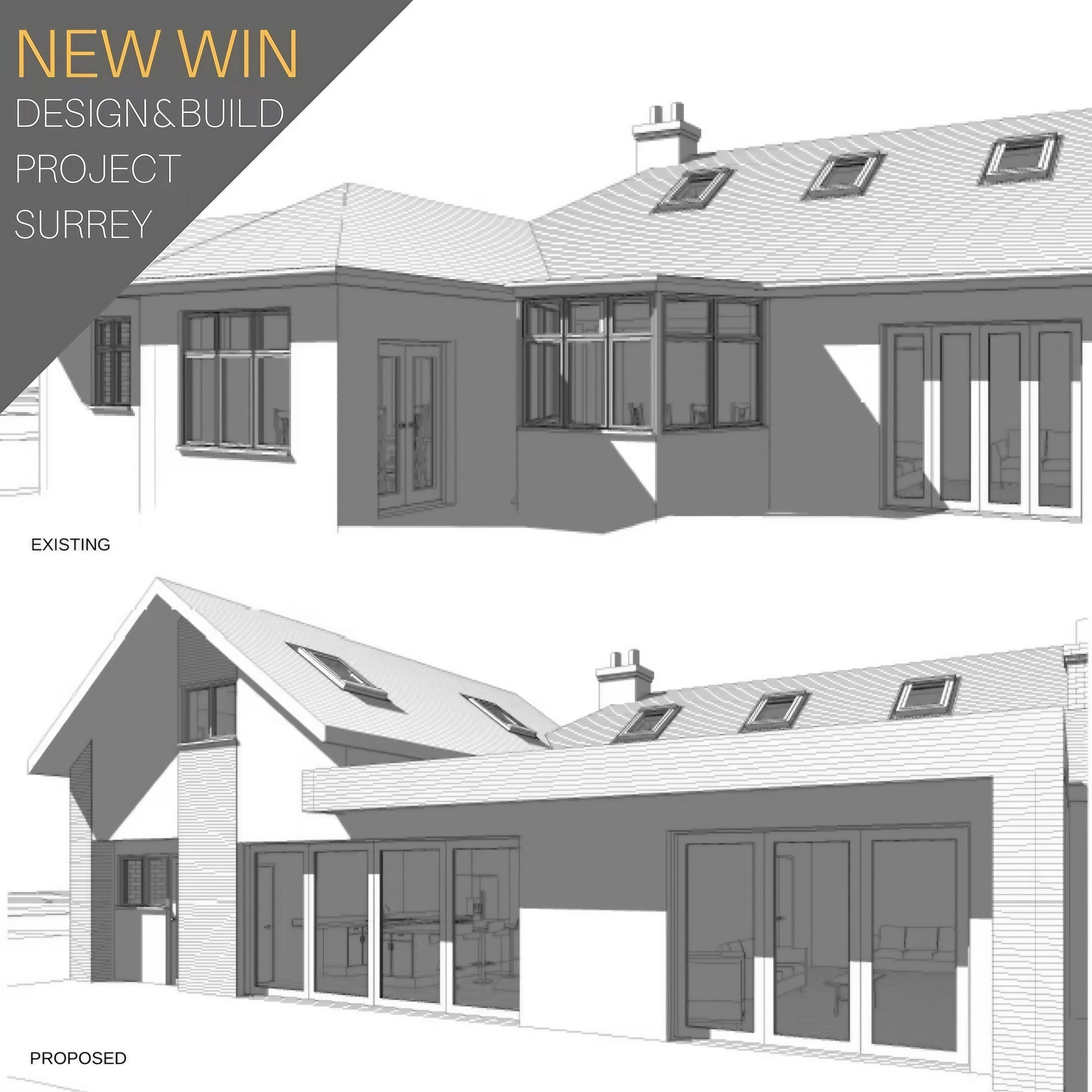 Surrey bungalow conversion and double-storey extension by OSPIN, transforming an existing home with modern architecture, open-plan living and a contemporary white timber-clad exterior.